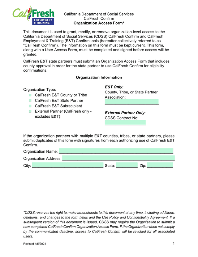 CalFresh Confirm Organization Access Form screenshot