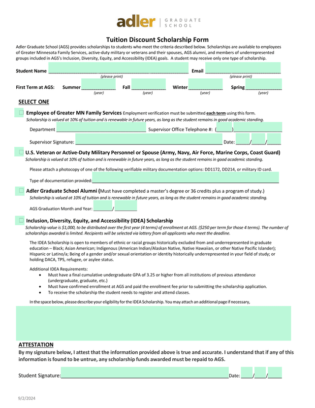 Tuition Discount Scholarship Form screenshot
