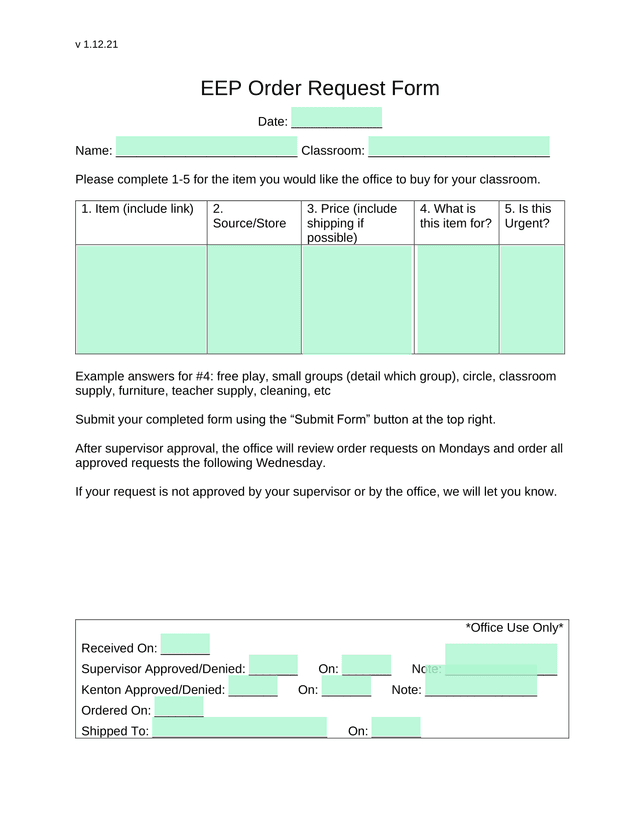 EEP Order Request Form screenshot