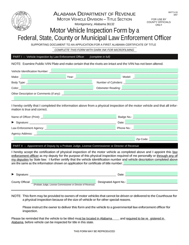 Motor Vehicle Inspection Form By A Federal, State, County Or Municipal Law Enforcement Officer screenshot