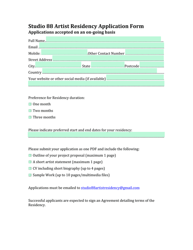 Studio88 Artist Residency Application Form screenshot