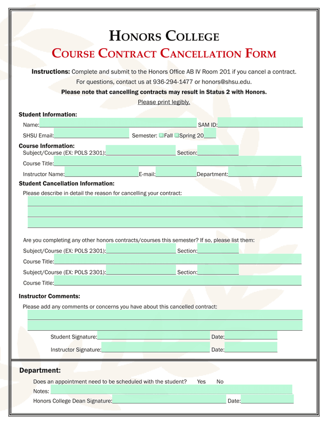 Course Contract Cancellation Form screenshot