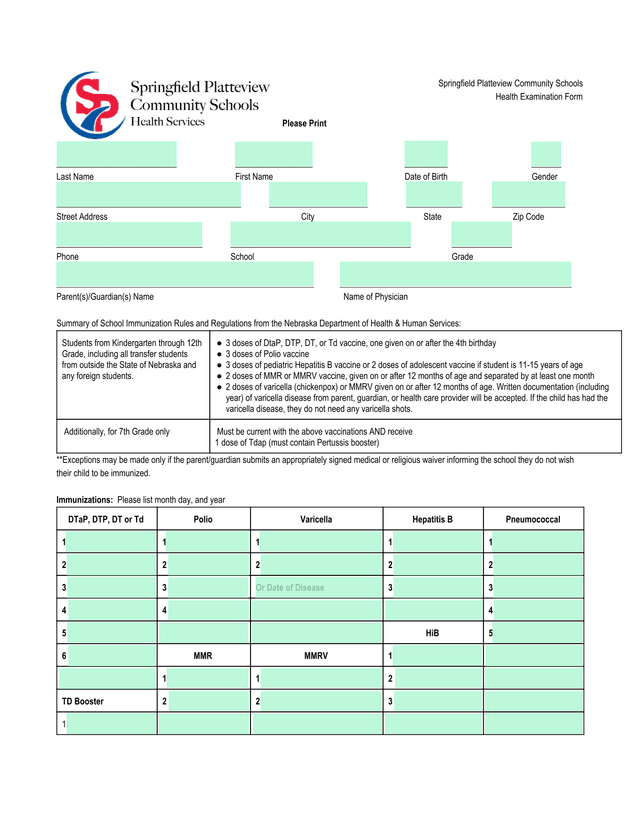 Springfield Platteview Community Schools Health Examination Form screenshot