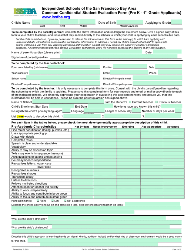 Common Confidential Student Evaluation Form (Pre K   1st Grade Applicants) screenshot
