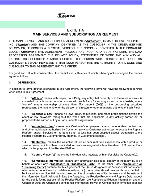MAIN SERVICES AND SUBSCRIPTION AGREEMENT screenshot