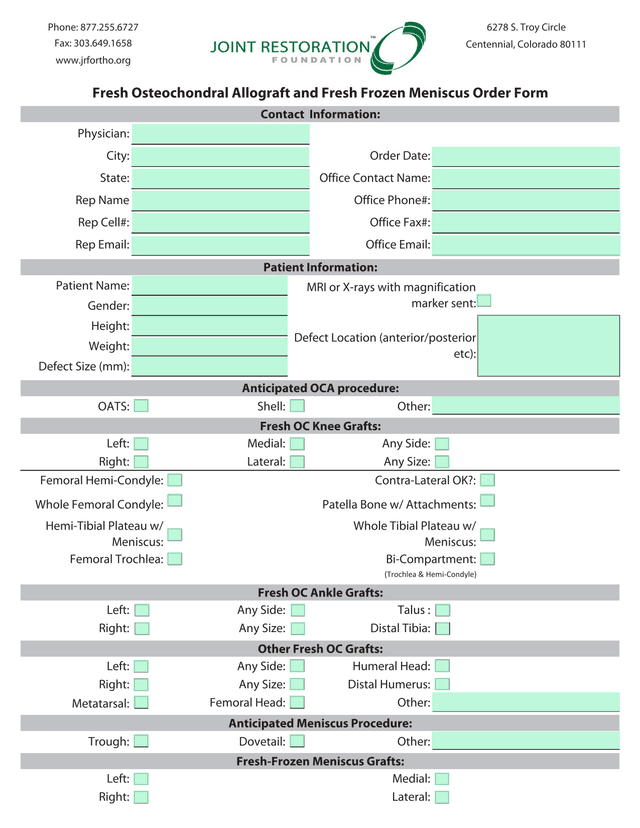 Fresh Osteochondral Allograft And Fresh Frozen Meniscus Order Form screenshot