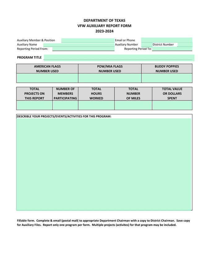 VFW Auxiliary Report Form screenshot