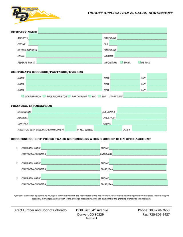 CREDIT APPLICATION  SALES AGREEMENT screenshot