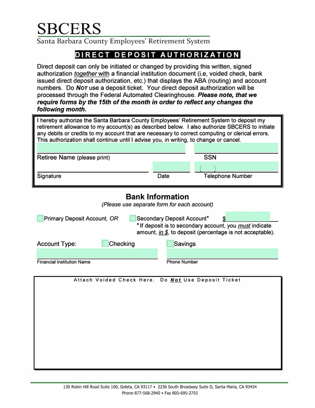 SBCERS Direct Deposit Authorization screenshot