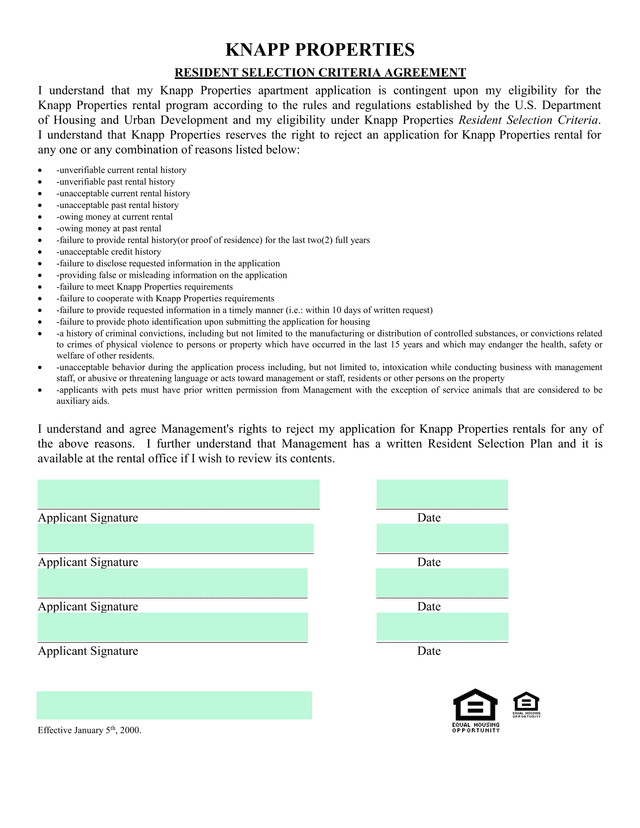 Knapp Properties Resident Selection Criteria Agreement screenshot