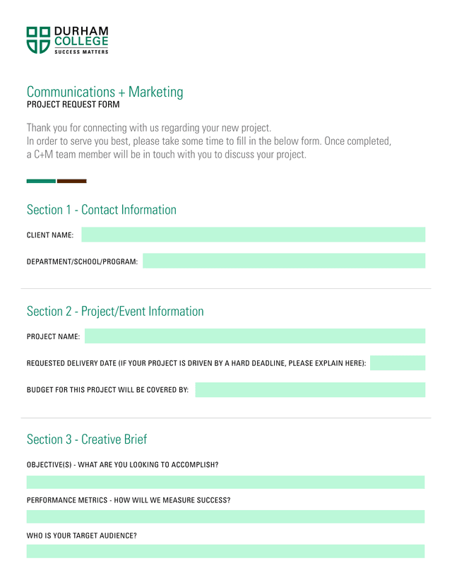 Communications  Marketing Project Request Form screenshot