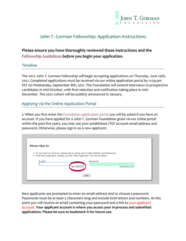 John T. Gorman Fellowship Application Instructions screenshot