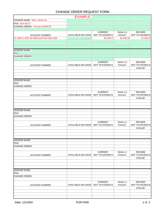 CHANGE ORDER REQUEST FORM screenshot