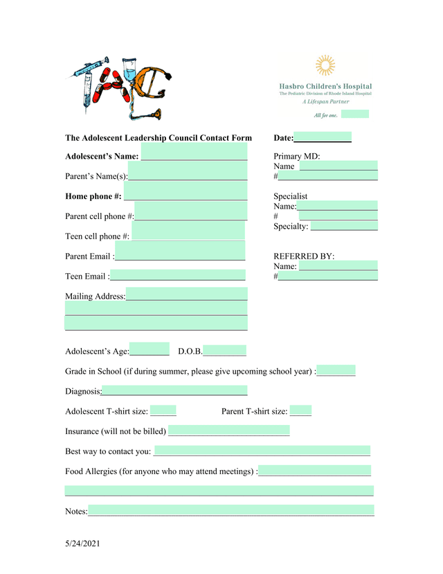 The Adolescent Leadership Council Contact Form screenshot