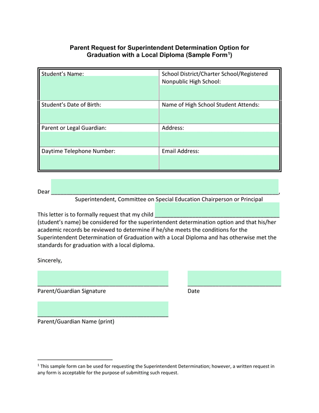Parent Request For Superintendent Determination Option For Graduation With A Local Diploma screenshot