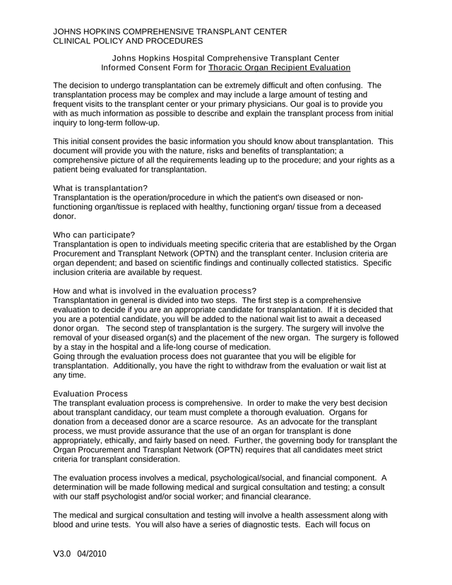 Informed Consent Form For Thoracic Organ Recipient Evaluation screenshot