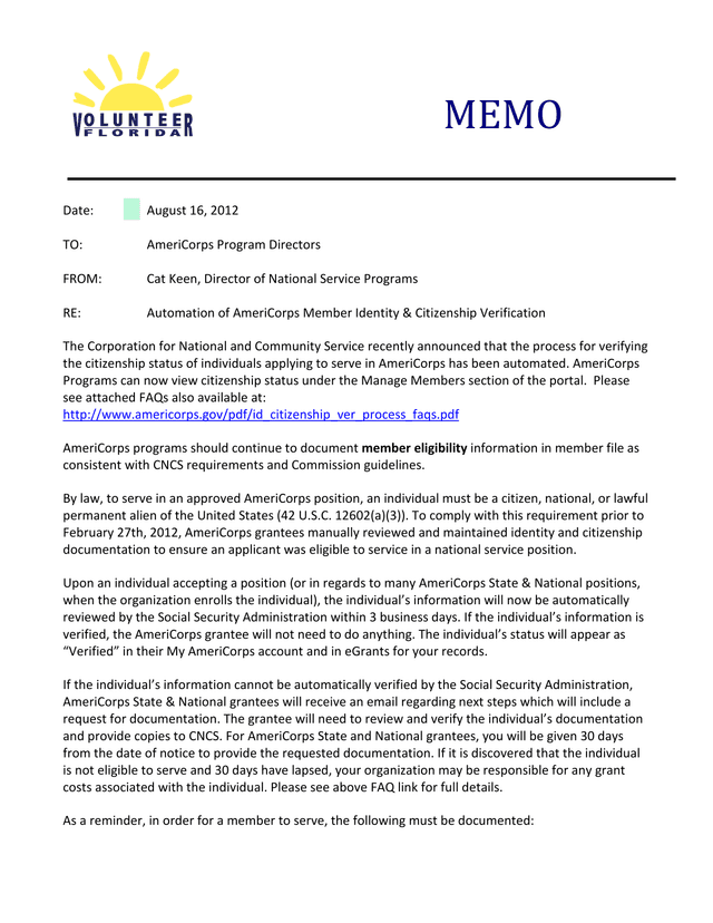 AmeriCorps Member Identity  Citizenship Verification Memo screenshot