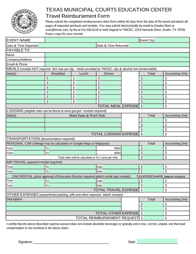 Travel Reimbursement Form screenshot