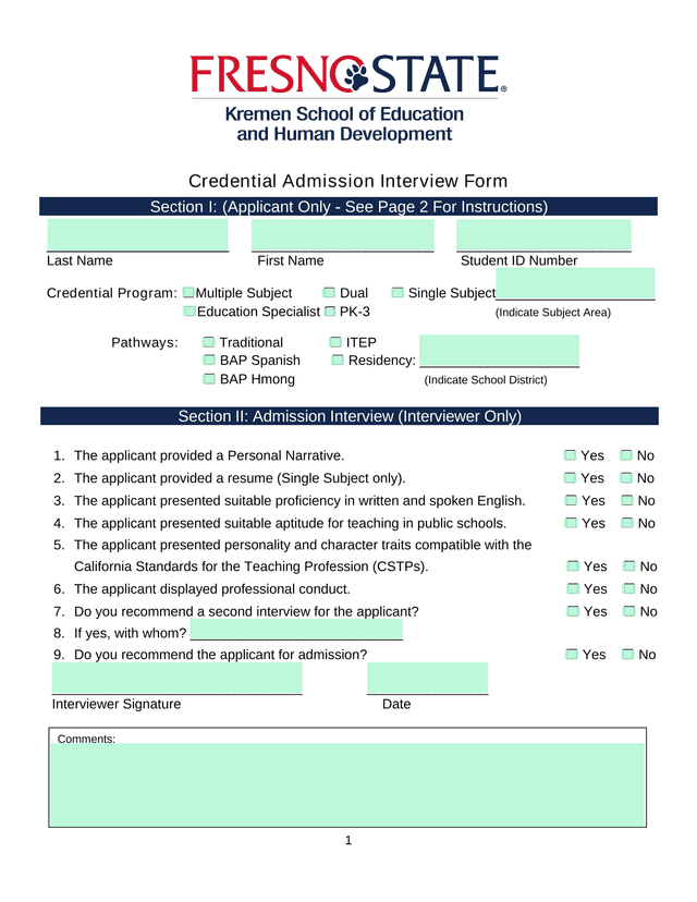 Credential Admission Interview Form screenshot