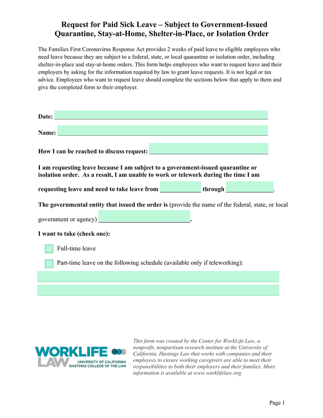 Request For Paid Sick Leave  Subject To Government Issued Quarantine, Stay At Home, Shelter In Place screenshot