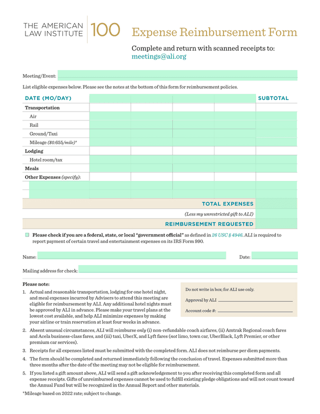 Expense Reimbursement Form screenshot