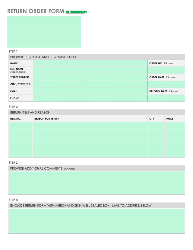 Return Order Form screenshot
