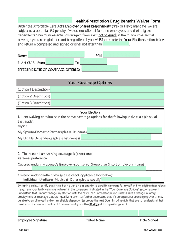 ACA Waiver Form screenshot