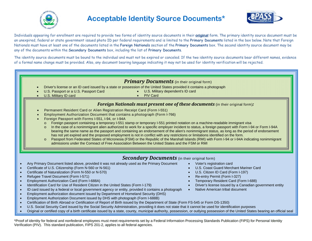 Acceptable Identity Source Documents screenshot