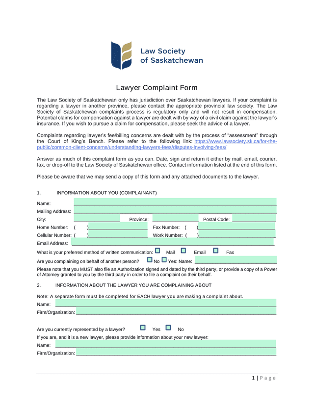 Lawyer Complaint Form screenshot