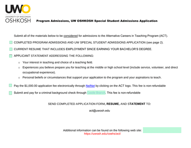 UW OSHKOSH Special Student Admissions Application screenshot