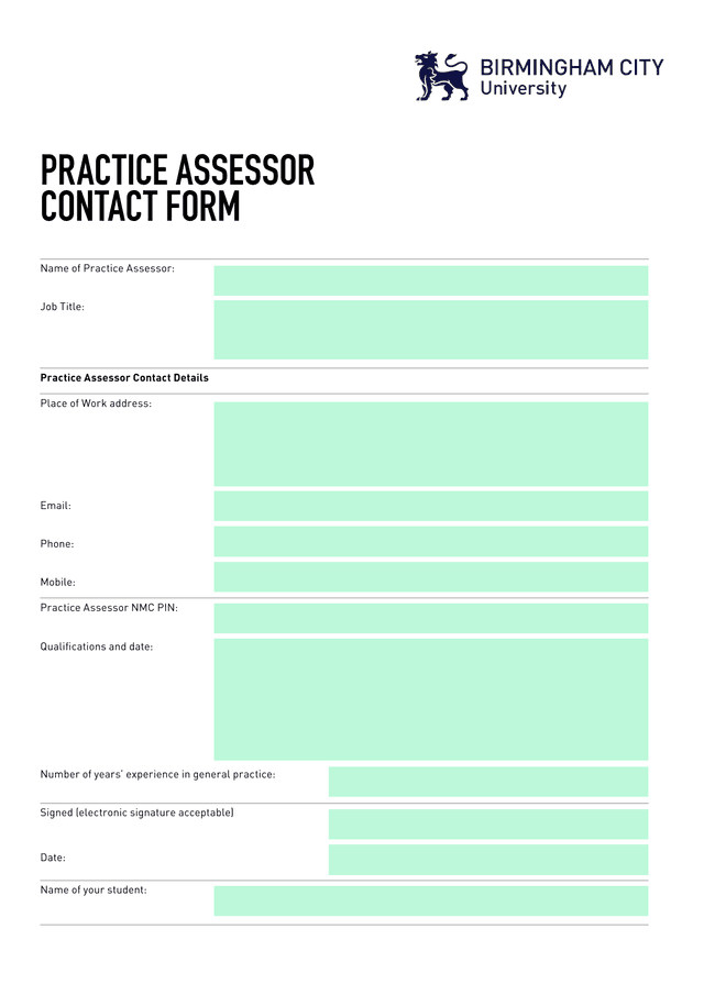 Practice Assessor Contact Form screenshot