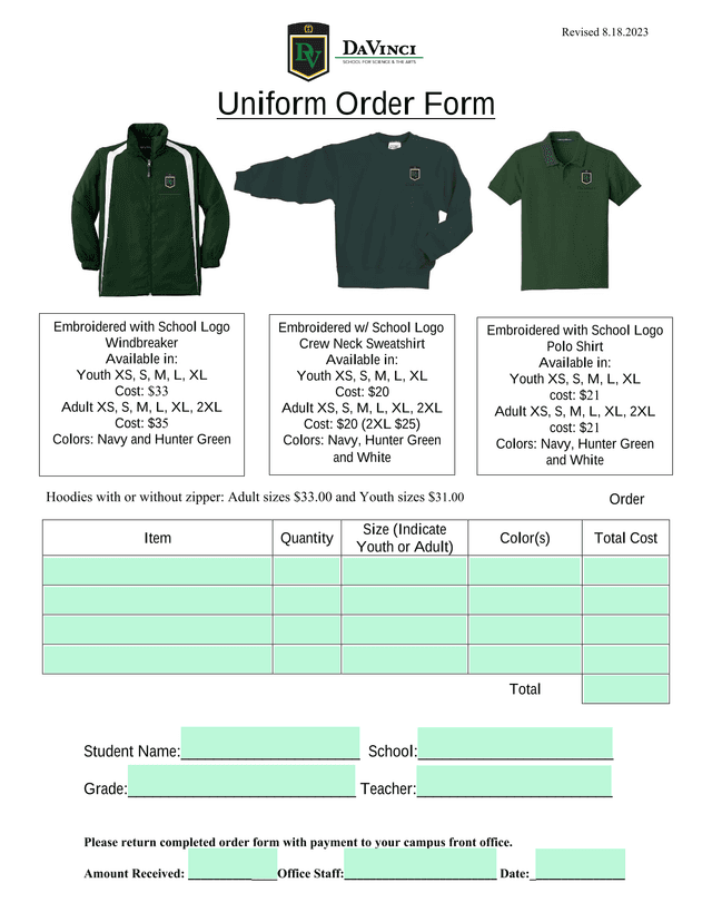 Uniform Order Form screenshot