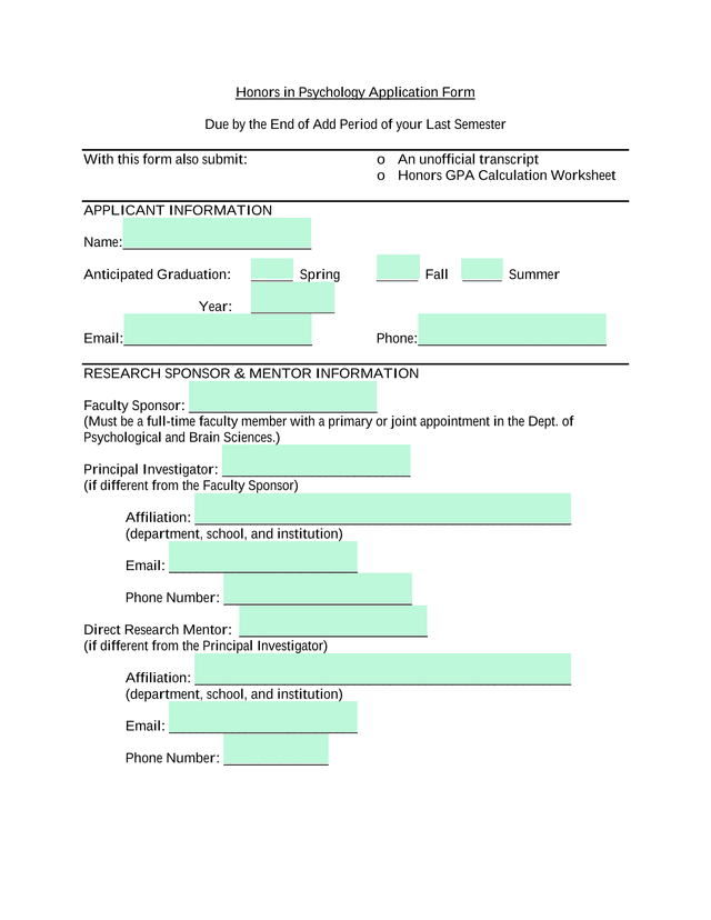 Honors In Psychology Application Form screenshot
