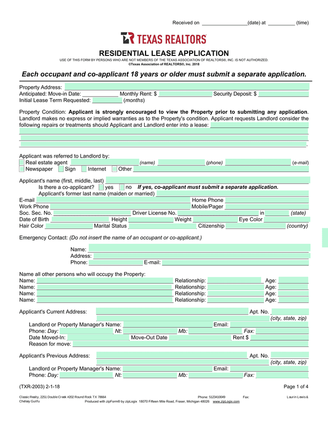 Residential Lease Application screenshot