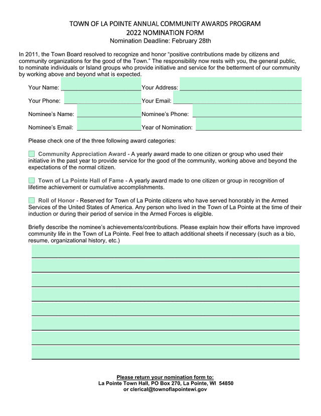 Town Of La Pointe Annual Community Awards Program 2022 Nomination Form screenshot