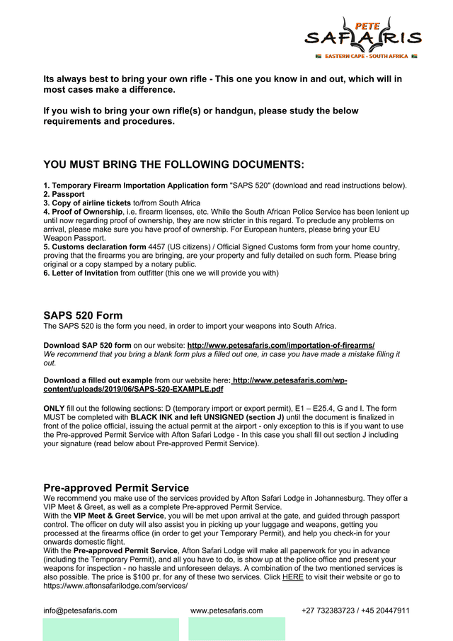 PeteS Safaris Firearm Importation Guidelines screenshot