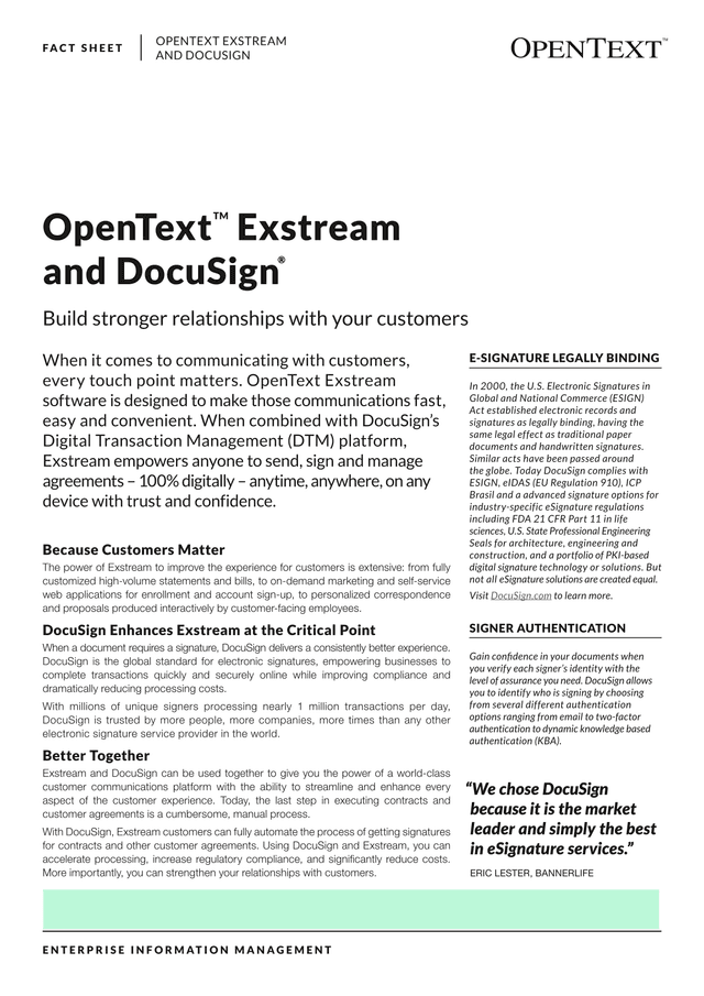 OpenText Exstream And DocuSign Fact Sheet screenshot