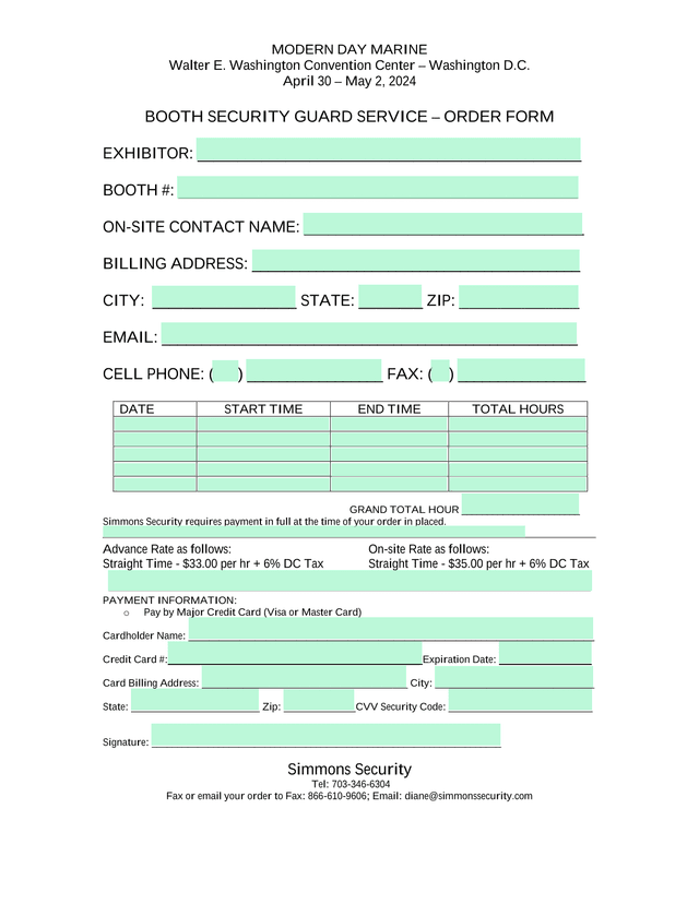 BOOTH SECURITY GUARD SERVICE  ORDER FORM screenshot