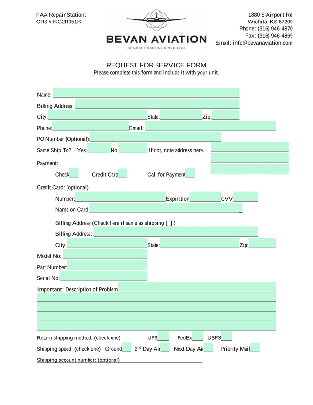 REQUEST FOR SERVICE FORM screenshot
