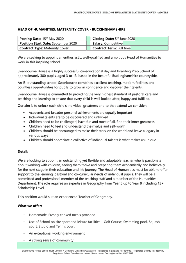 Swanbourne House Head Of Humanities Maternity Cover   Job Advertisement screenshot