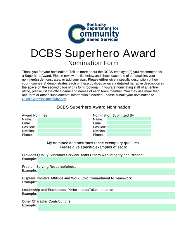 DCBS Superhero Award Nomination Form screenshot