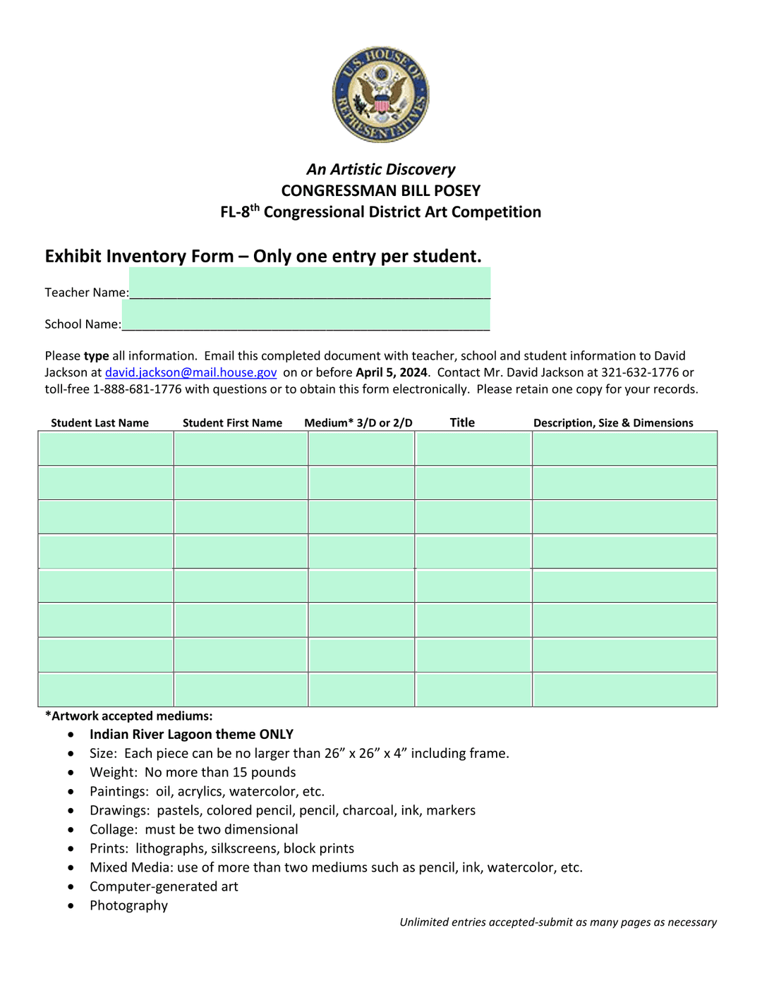 An Artistic Discovery Art Competition Exhibit Inventory Form