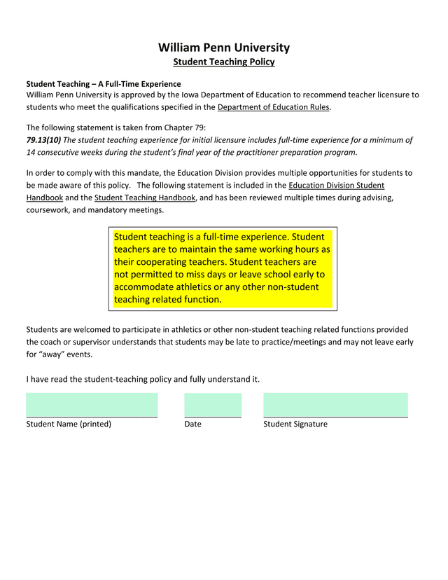 William Penn University Student Teaching Policy screenshot