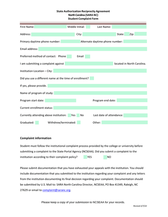 State Authorization Reciprocity Agreement North Carolina (SARA NC) Student Complaint Form screenshot