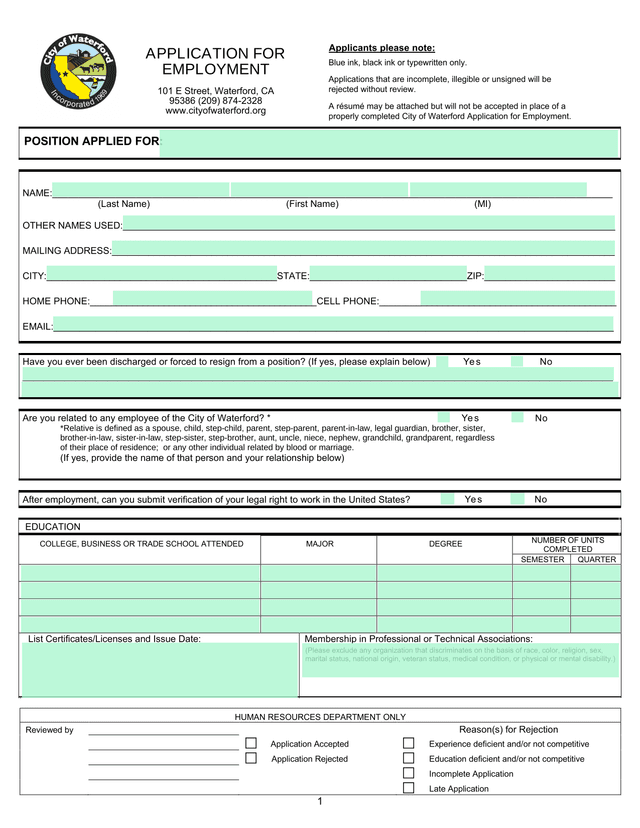 APPLICATION FOR EMPLOYMENT screenshot