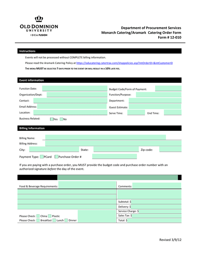 Monarch CateringAramark Catering Order Form screenshot