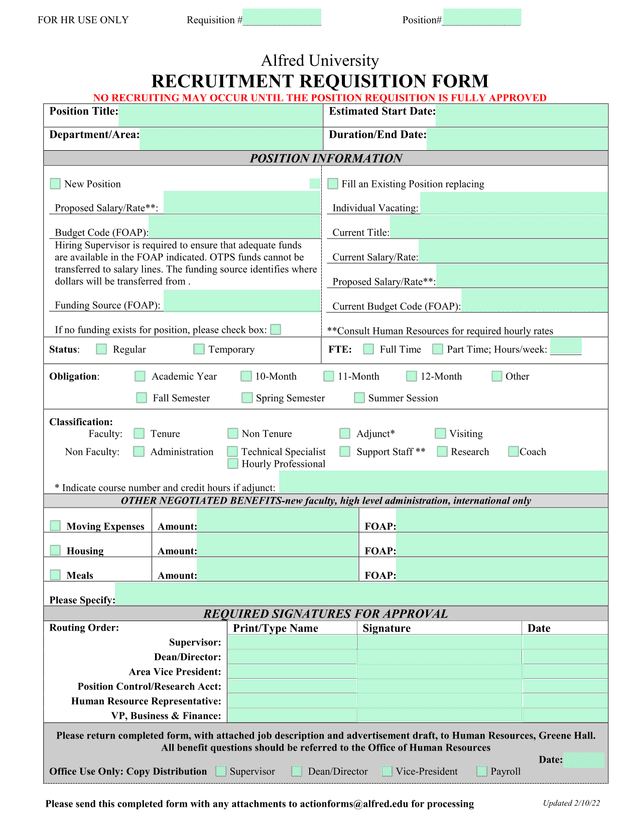 Alfred University Recruitment Requisition Form screenshot