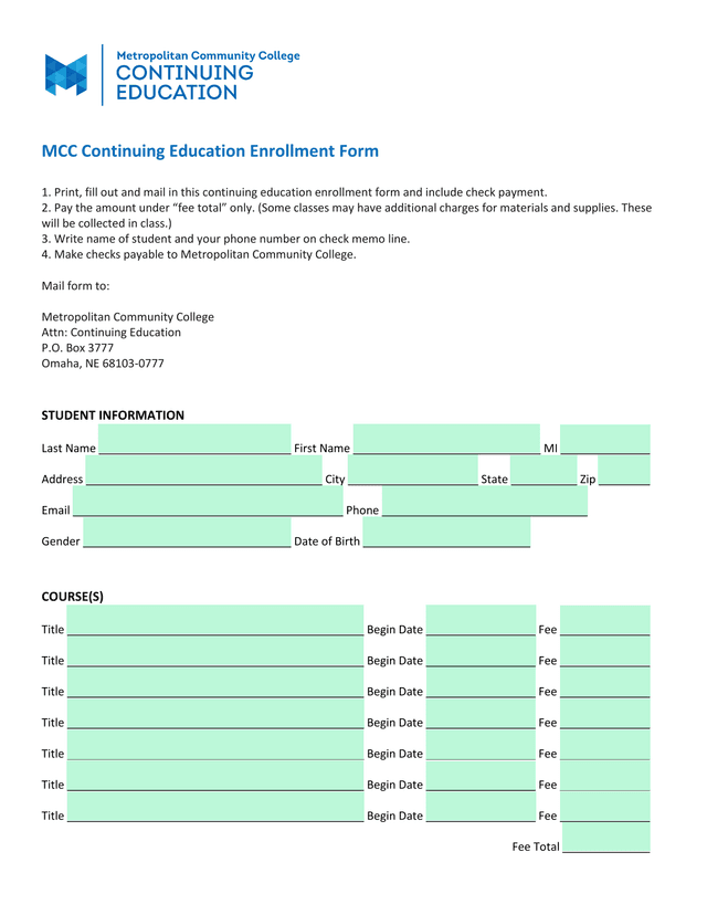 MCC Continuing Education Enrollment Form screenshot