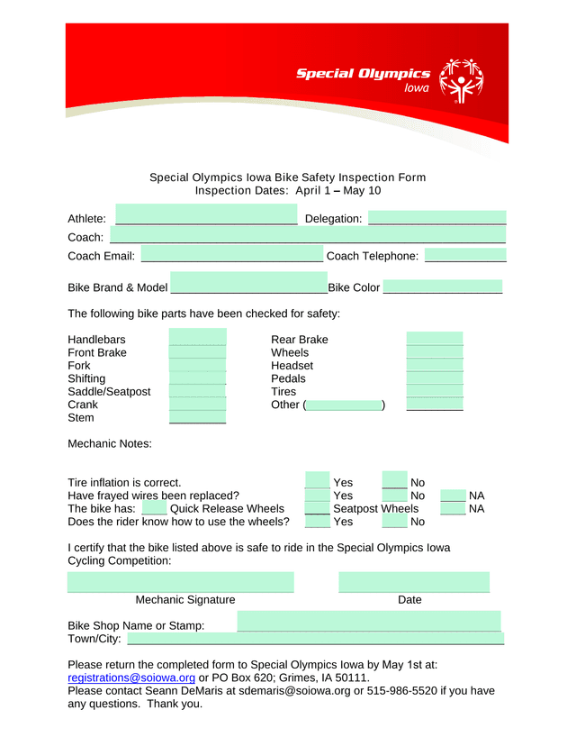 Special Olympics Iowa Bike Safety Inspection Form screenshot