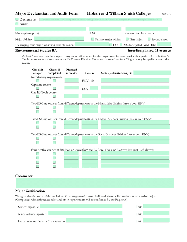 Major Declaration And Audit Form screenshot